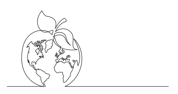 continuous line drawing of world planet earth an apple fruit - PNG image with transparent background