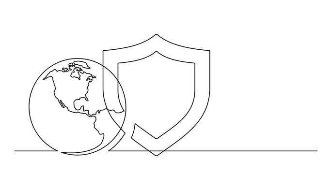 continuous line drawing of world planet with protection security shield icon - PNG image with transparent background