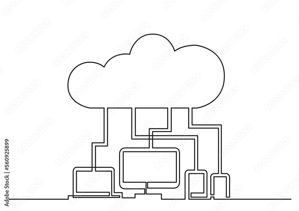 Poster one line isolated vector object digital devices connected via cloud - PNG image with transparent background