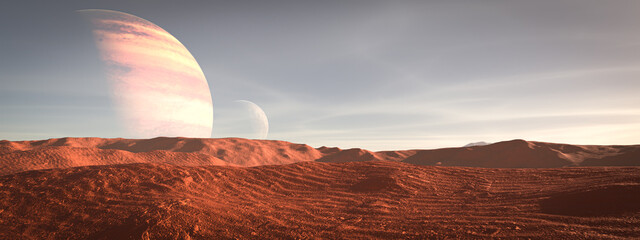3D render. Landscape with saturn planet in sky with stars. Fantasy space wallpaper with planet over the land. Sci-fi. Elements of this image furnished by NASA