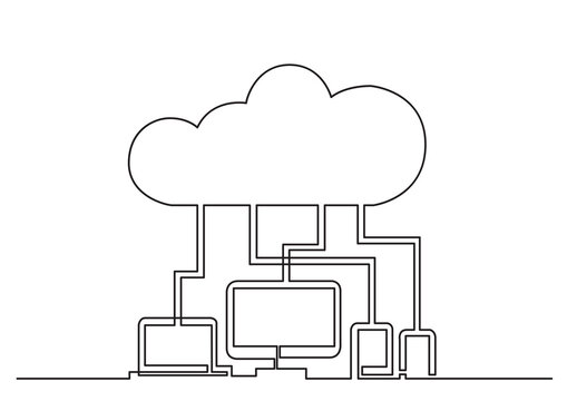 one line isolated vector object digital devices connected via cloud - PNG image with transparent background