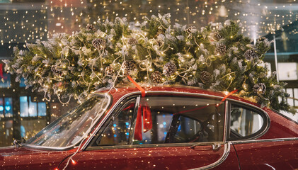 Retro red car with christmas tree close up view