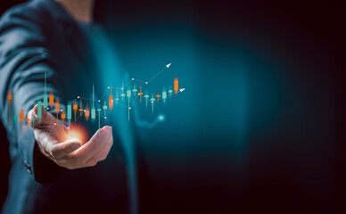planning and strategy, Stock market, Business growth, progress or success concept. Businessman or trader is showing a growing virtual hologram stock, invest in trading.