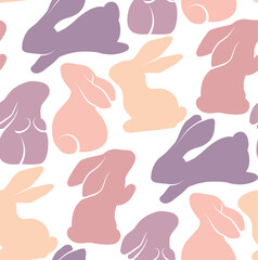 Vector seamless pattern with rabbits in various poses. Texture with tight hares in pastel colors on white background. Childish backdrop