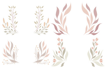 Fototapeta na wymiar Vector set of wreaths of delicate twigs and stems with foliages. Collection of natural frames in pastel colors