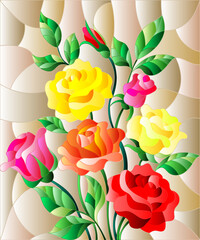 Illustration in stained glass style with a bouquet of bright roses on a brown background, rectangular image