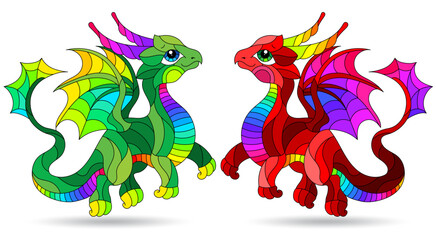 A set of stained glass illustrations with cute cartoon dragons, animals isolated on a white background