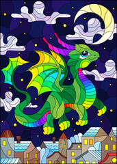 An illustration in the style of a stained glass window with a bright cute dragon on the background of the sky and the city