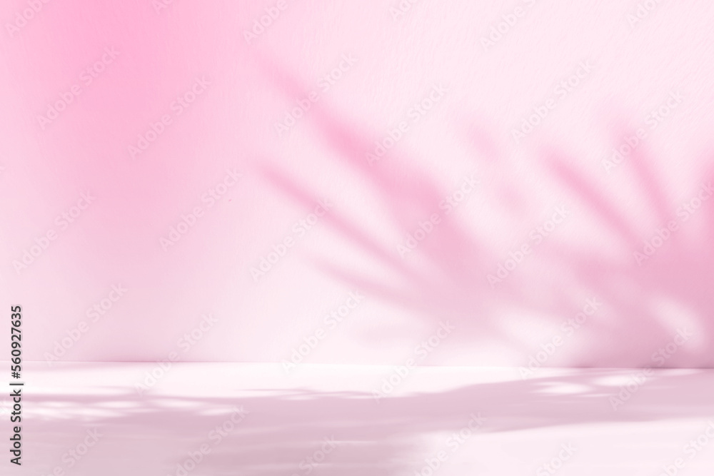 Poster Blurred background. Abstract pink studio background for product presentation. Empty room with shadows of window and flowers and palm leaves . 3d room with copy space. Summer concert.