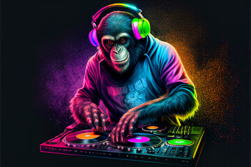 chimpanzee dj with headphones, generative ai - obrazy, fototapety, plakaty