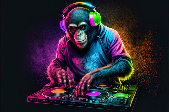 chimpanzee dj with headphones, generative ai
