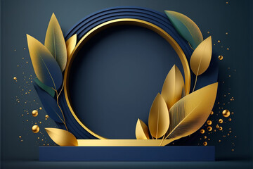 flat design a lot of space 3d dark-blue and gold rich background products display podium scene with blue leaf platform. Generative AI