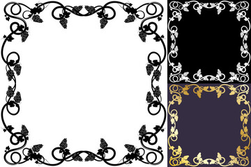 Square frame with bunch of grapes, leaves and tendrils for wine promo. Autumn harvest. Advertising label with berry silhouette. Simple flat vector