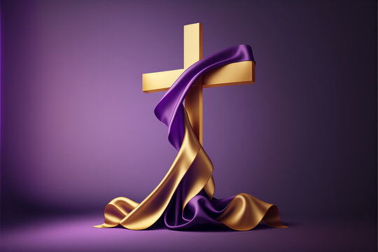 Golden cross on top of purple cloth and golden cloth, Generative AI	