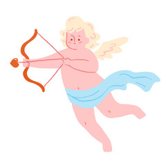 Cute cupid shooting with a bow and arrow. Naughty flying angel or cherub in trendy vintage style. Isolated on white background.