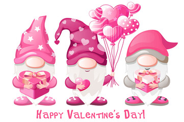 Cute Valentines gnomes with gifts. Happy Valentines Day