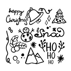 Beautiful Christmas card with a snowman, a bell, snowy mountains and a Christmas tree. Vector concept of Christmas card. For printing clothes, dishes, bedding, wrapping paper, blanks for designers