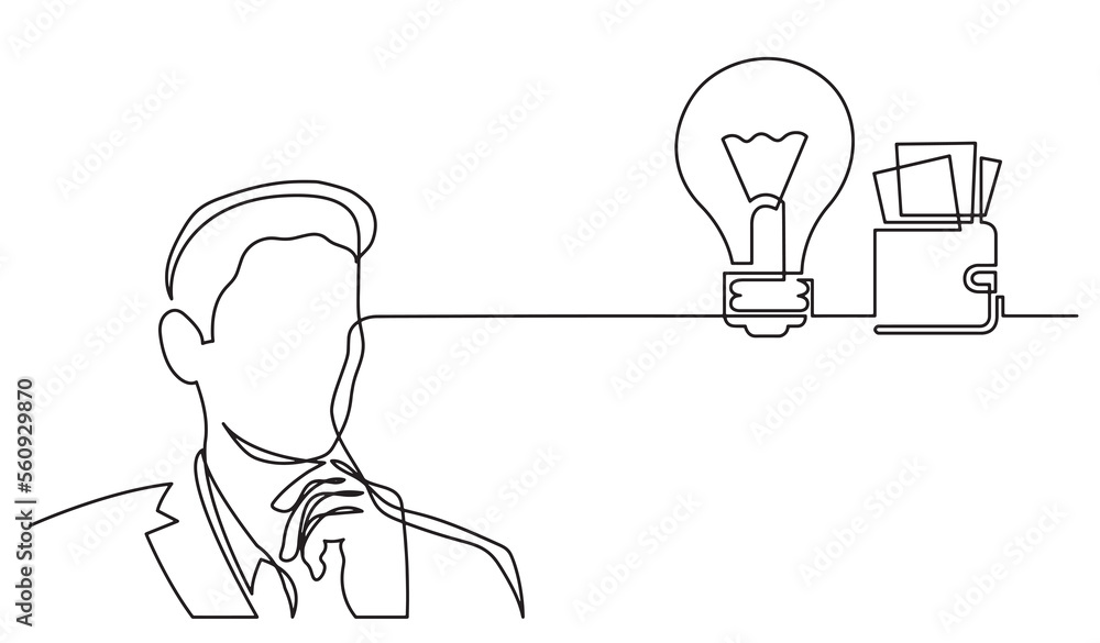 Poster one line drawing of person thinking solving problems finding solutions concept - png image with tran