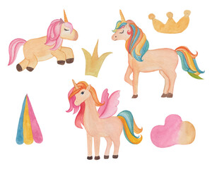Isolated Nursery Unicorns hand Drawn, Cute Unicorn Watercolor Clipart Set