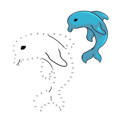 Coloring book for kids, dolphin vector. Color cute dolphin by numbers. Game for kids with cartoon dolphin. Dot to dot by numbers game. Connect the dots. Activity for children. Educational puzzle. 