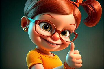 Cartoon girl smiling with thumb up. Ok sign, agree and success concept. AI generative