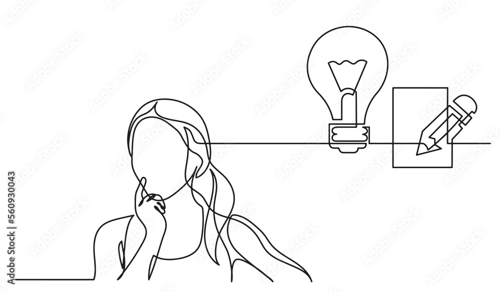 Poster one line drawing of person thinking solving problems finding solutions presentation - png image with