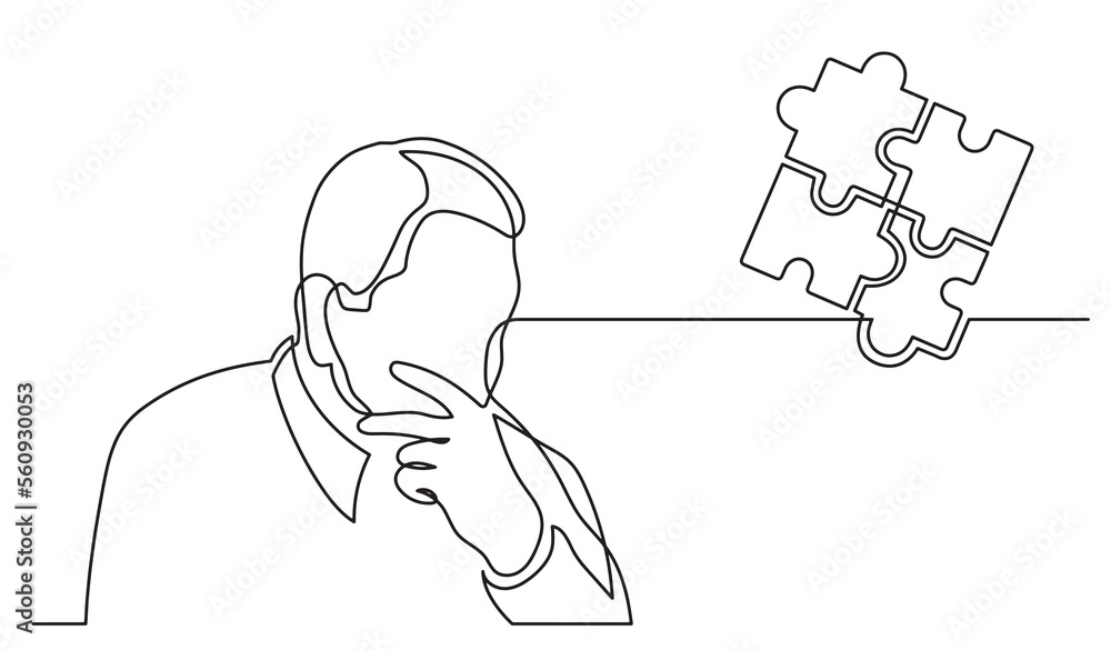 Poster one line drawing of person thinking solving problems finding solutions visual - png image with trans
