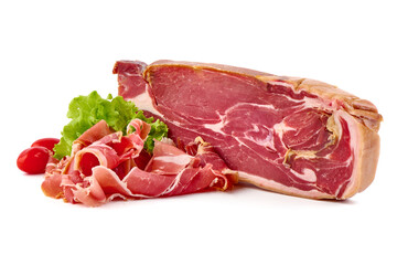 Italian prosciutto, jerked meat slices, isolated on white background.