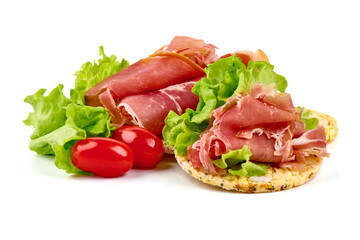 Italian prosciutto crudo or jamon. Raw ham. Isolated on white background