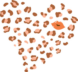 Vector leopard heart shape with red lips romantic element for Valentines day design. Pastel pink heart shape hand drawn from jaguar skin spots and kiss. Decorative love vector illustration.