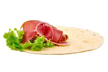 Italian prosciutto, jerked meat slices, isolated on white background.