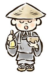 托鉢と鈴を持った修行中の子供のお坊さんの手描きイラスト