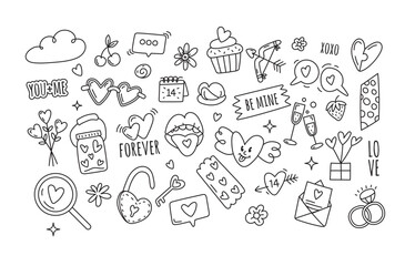 Doodle love elements set for valentines day on white background