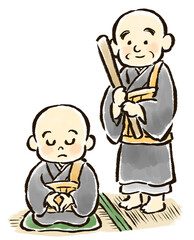座禅を組む子供のお坊さんと警策を持ったお坊さんの手描きイラスト