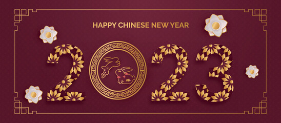 Happy Chinese New Year 2023 Banner with Paper Clouds and Zodiac Circle. Vector illustration. Papercut Flowers and Gold Lantern on Red Background. Hieroglyph Translation: Rabbit. Place for text