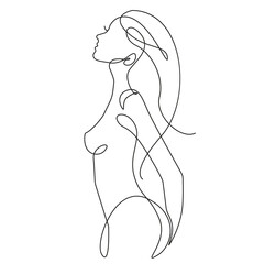 Trendy Line Art Woman Body. Minimalistic Black Lines Drawing. Female Figure Continuous One Line Abstract Drawing. Modern Scandinavian Design. Naked Body Art. Vector Illustration. 