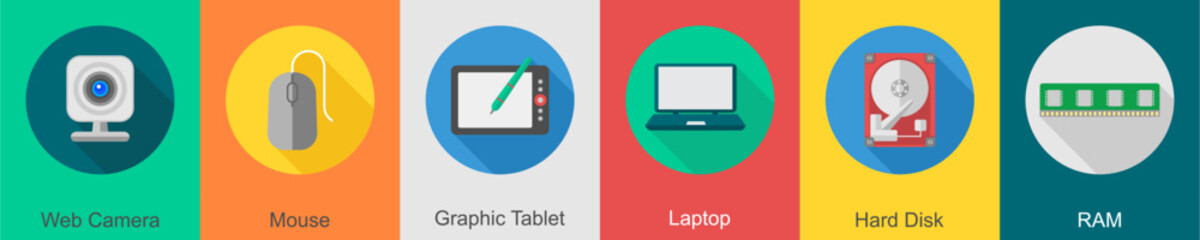 A set of 6 computer and Hardware icons as web camera, mouse, graphic tablet