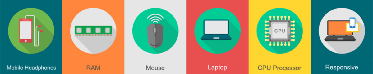 A set of 6 computer and Hardware icons as mobile headphones, ram, mouse