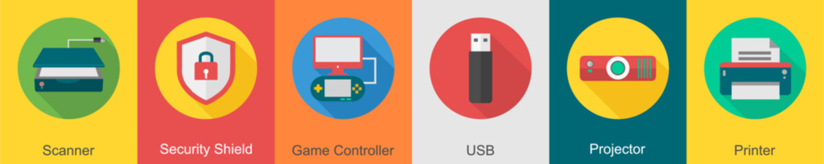 A set of 6 computer and Hardware icons as snanner, security shield, game controller