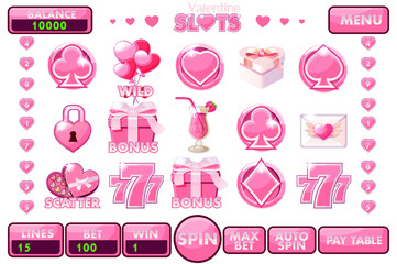 Interface slot machine style St. Valentine. Complete menu of graphical user interface and full set of buttons and icons