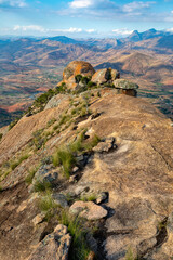 Andringitra national park, Haute Matsiatra, Madagascar, beautiful mountain landscape, top of trail to Chameleon peak and massifs. Hiking in Andringitra mountains. Madagascar wilderness landscape.