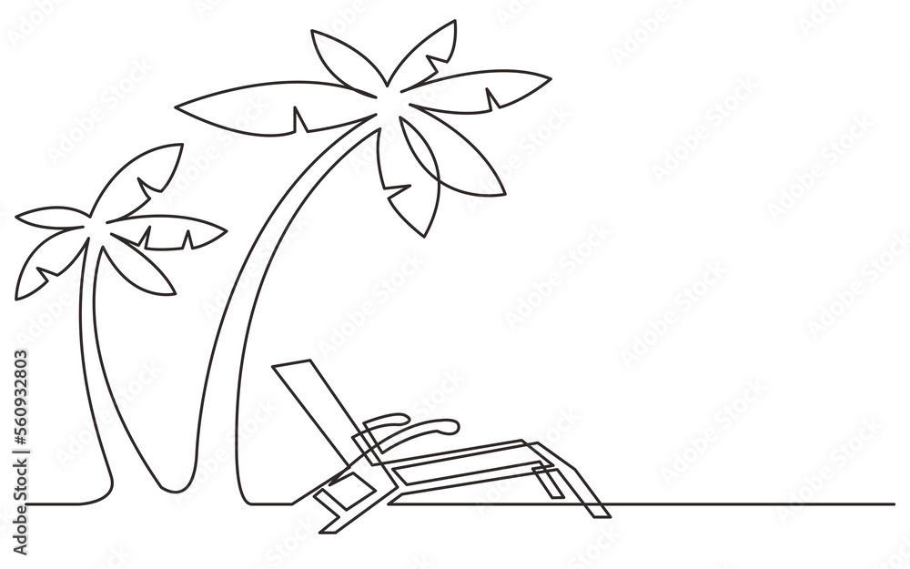 Poster continuous line drawing beach chair and palm tree - png image with transparent background