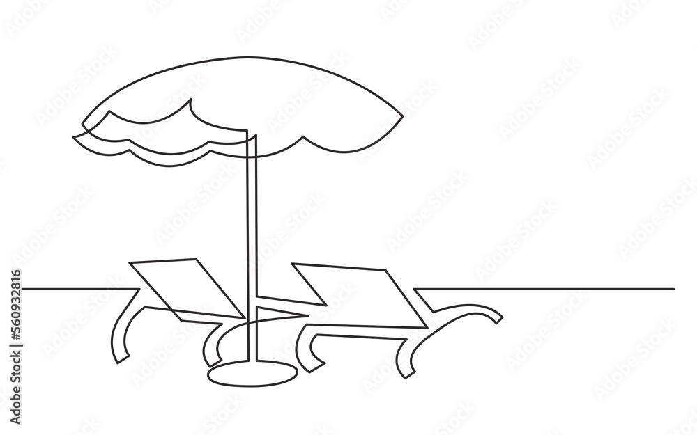 Wall mural continuous line drawing beach chairs and umbrella - png image with transparent background