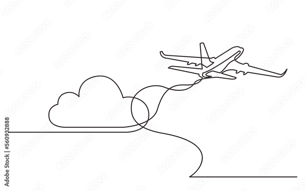 Poster continuous line drawing flying passenger plane - png image with transparent background