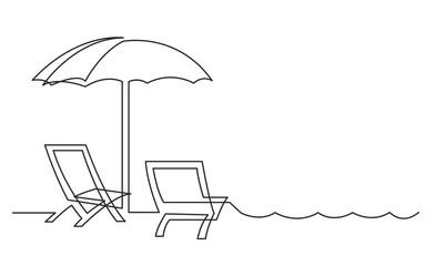 continuous line drawing beach chair and sea waves - PNG image with transparent background