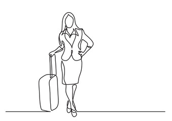 continuous line drawing business traveler standing with bag on wheels - PNG image with transparent background