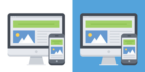 Flat responsive web and app design concept website development devices, vector illustration of responsive, monitor, website, phone, interface, page, design