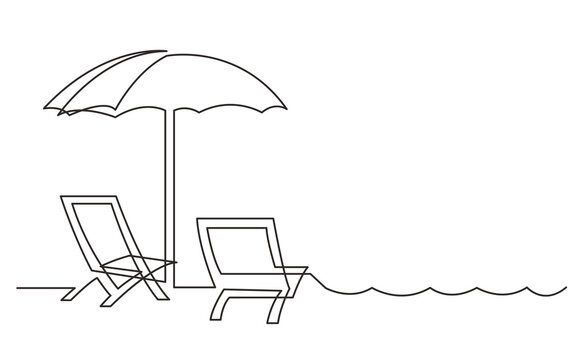 continuous line drawing beach chair and sea waves - PNG image with transparent background