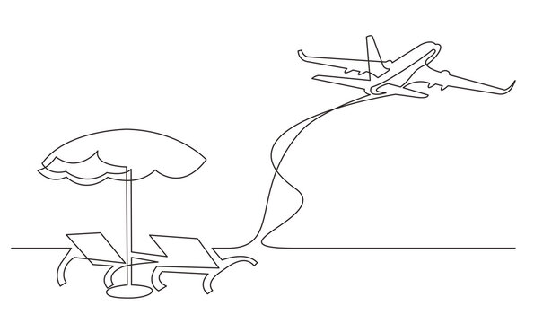 continuous line drawing beach chairs umbrella passenger jet - PNG image with transparent background