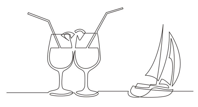 continuous line drawing cocktail drinks sailing boat - PNG image with transparent background